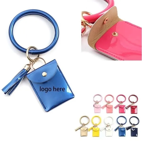 PU Leather Tassel Bracelet ID Credit Cards Holder Keychain